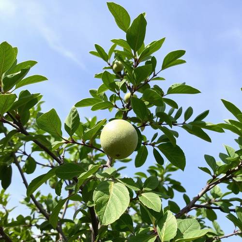 Un chérimolier, l'arbre qui produit le fruit annona cherimola, avec ses feuilles vertes et ses fruits