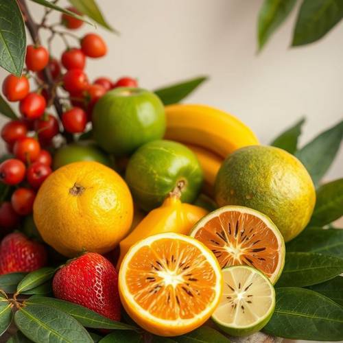 Collection de 5 fruits exotiques colorés : mangue, fruit du dragon, ramboutan, carambole et fruit de la passion