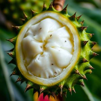 Gros plan sur la pulpe blanche et crémeuse d'un corossol