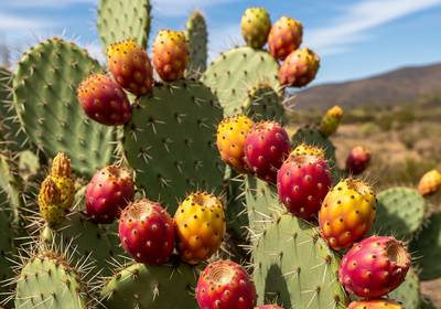 Des figues de Barbarie de différentes couleurs, sur un cactus.