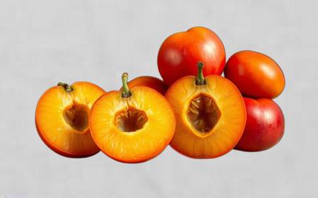 Mombins (prunes de Cythère) entiers et coupés, montrant la pulpe jaune et le gros noyau fibreux