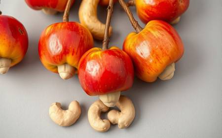 La pomme de cajou rouge avec sa noix attachée en dessous